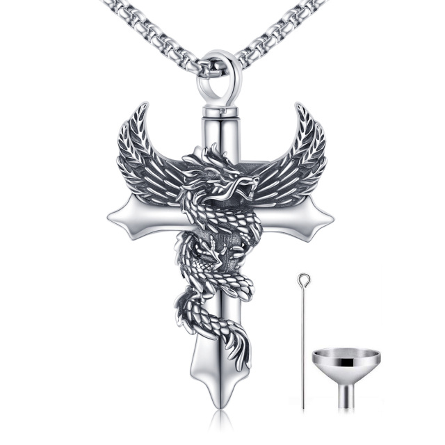 Sterling Silver Dragon & Angel Wing & Cross Pendant Necklace-2