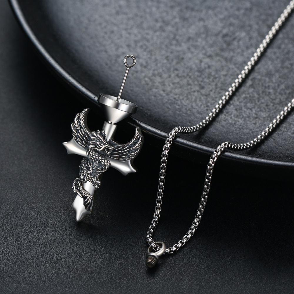 Colar com pingente de cruz de dragão e asa de anjo em prata esterlina para homens e mulheres-4