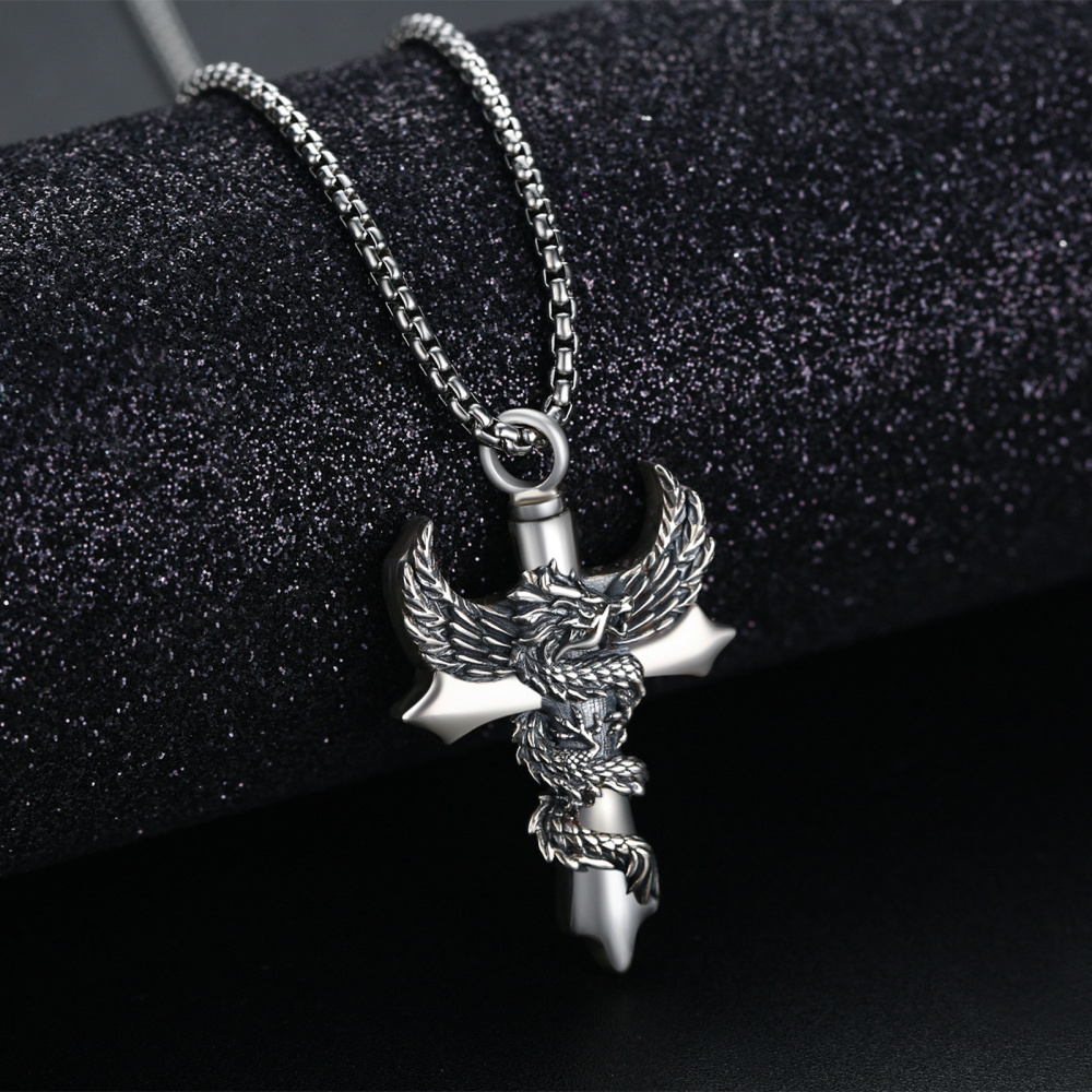 Colar com pingente de cruz de dragão e asa de anjo em prata esterlina para homens e mulheres-5