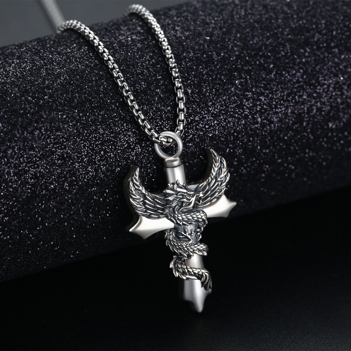 Sterling Silver Dragon With Angel Wing Cross Pendant Necklace For Men Women-5