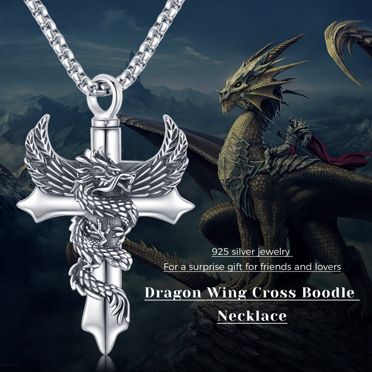 Sterling Silver Dragon With Angel Wing Cross Pendant Necklace For Men Women-6