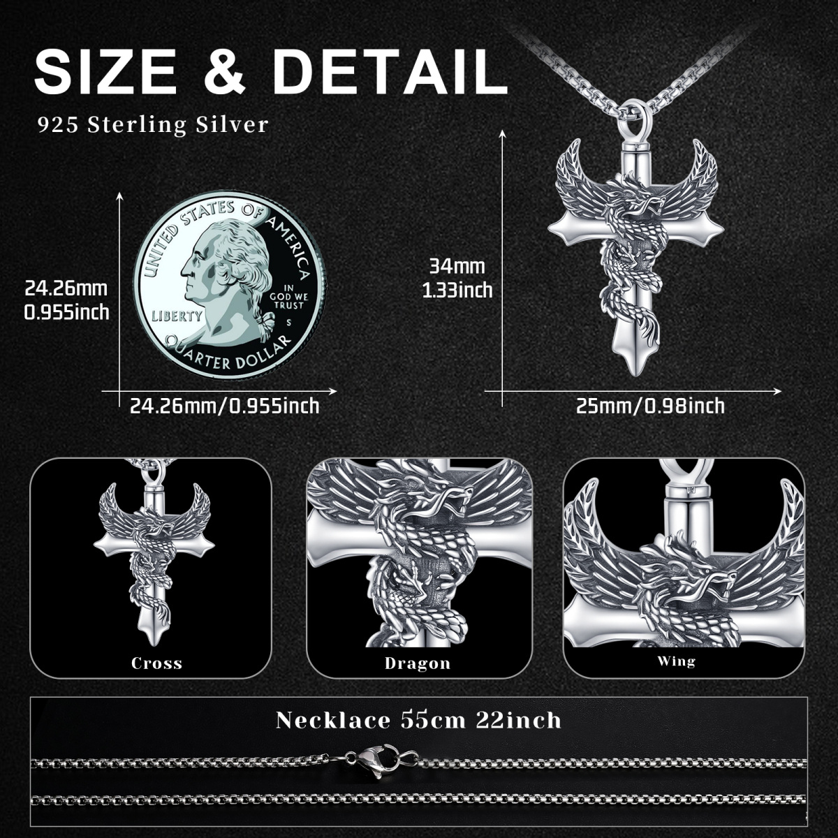 Sterling Silver Dragon With Angel Wing Cross Pendant Necklace For Men Women-7