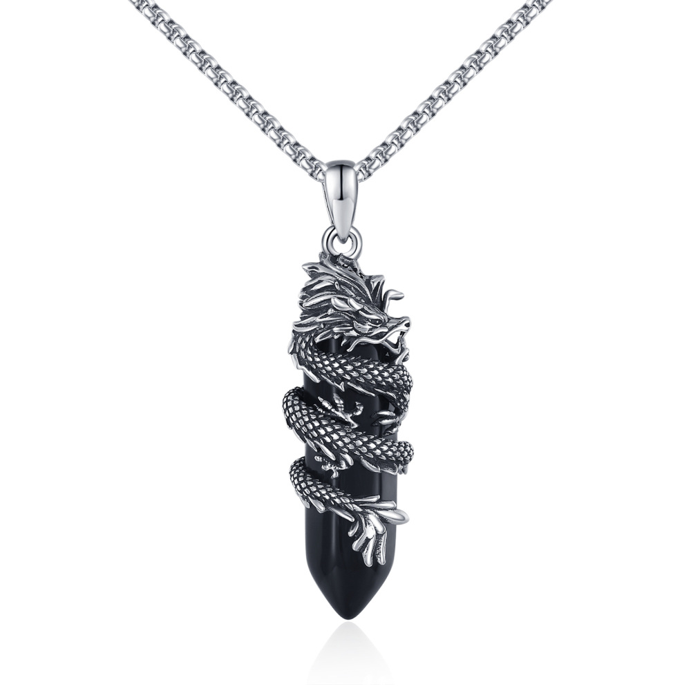 Sterling Silber Dragon Black Bullet Shaped Crystal Anhänger Halskette-1