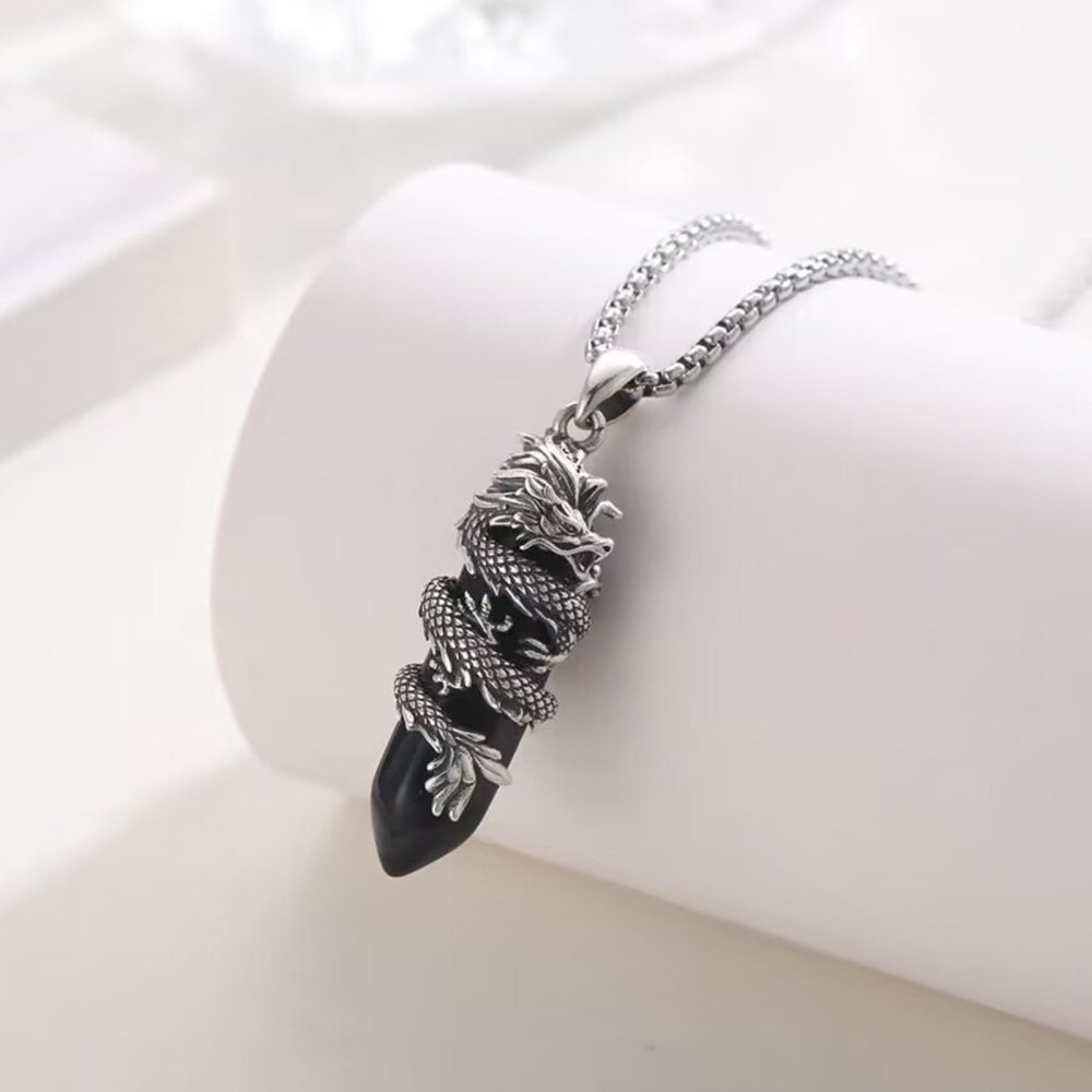 Sterling Silber Dragon Black Bullet Shaped Crystal Anhänger Halskette-6