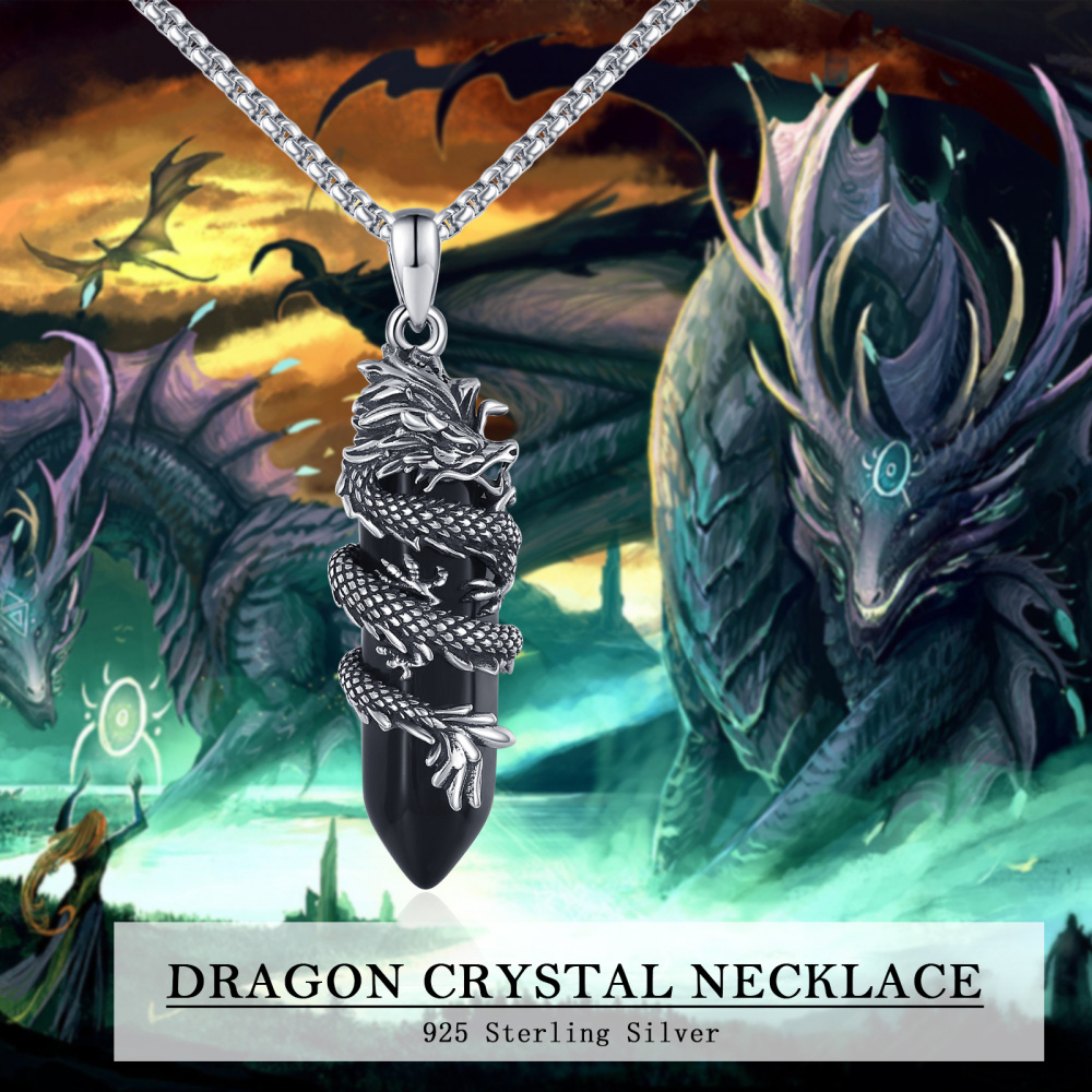 Sterling Silber Dragon Black Bullet Shaped Crystal Anhänger Halskette-7