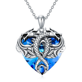 Sterling Silver Dragon Blue Heart Shaped Crystal Pendant Necklace-2