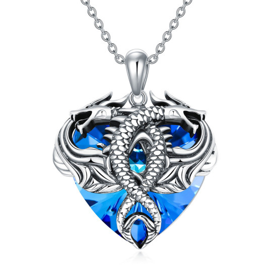 Sterling Silver Dragon Blue Heart Shaped Crystal Pendant Necklace