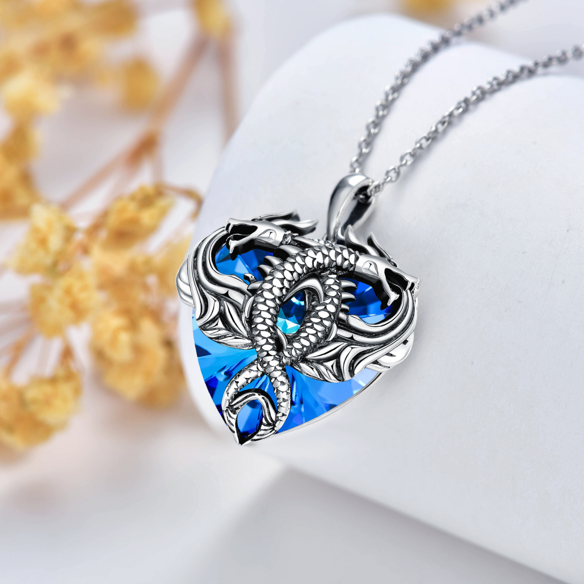 Sterling Silver Dragon Blue Heart Shaped Crystal Pendant Necklace-2