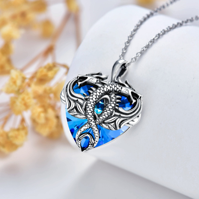 Sterling Silver Dragon Blue Heart Shaped Crystal Pendant Necklace-2