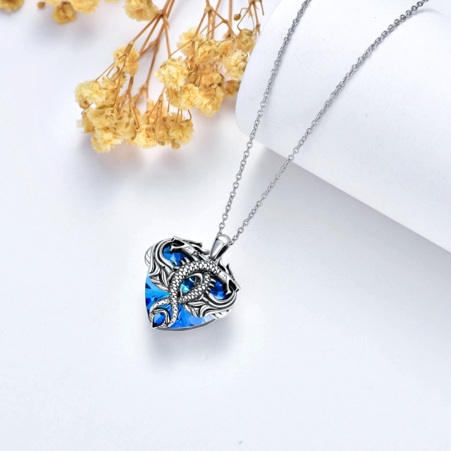 Sterling Silver Dragon Blue Heart Shaped Crystal Pendant Necklace-3