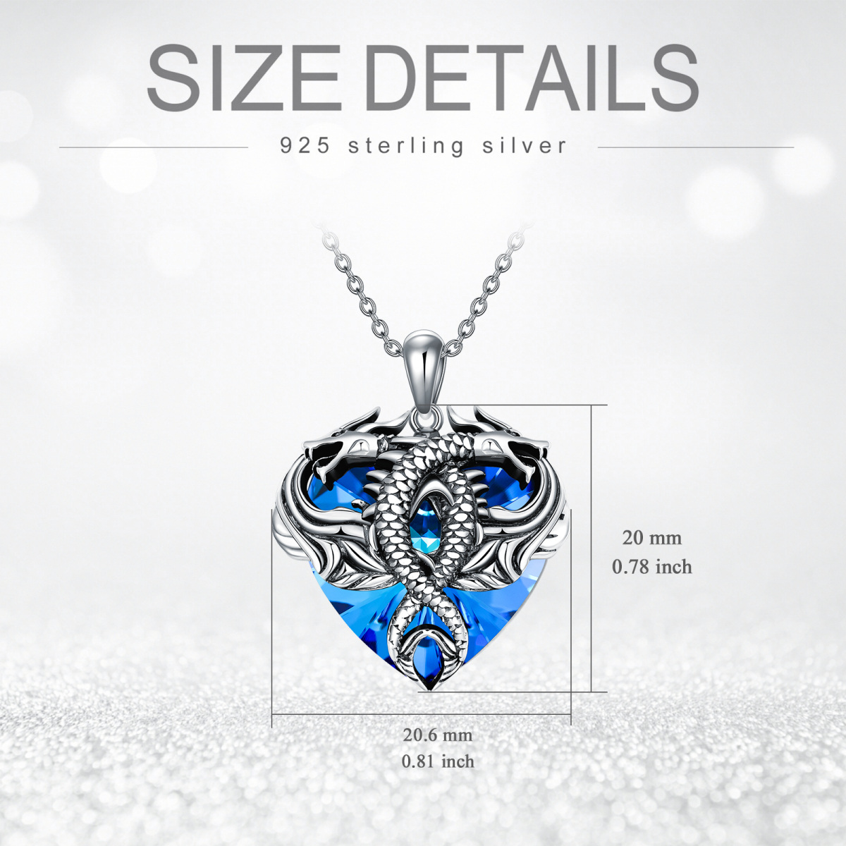 Sterling Silver Dragon Blue Heart Shaped Crystal Pendant Necklace-5