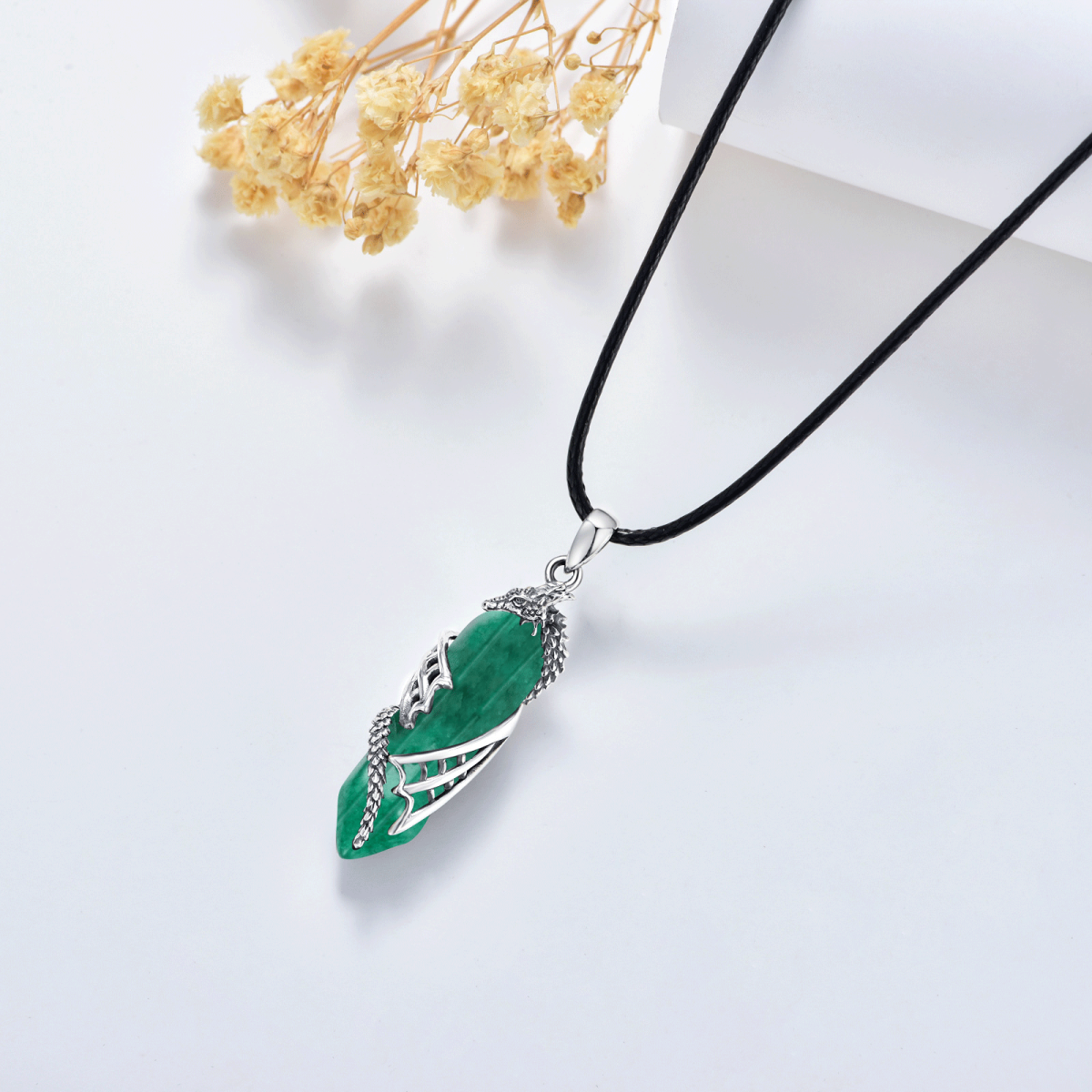 Sterling Silver Dragon & Bullet Crystal Pendant Necklace-3