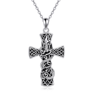 Sterling Silver Dragon & Celtic Cross Pendant Necklace-3