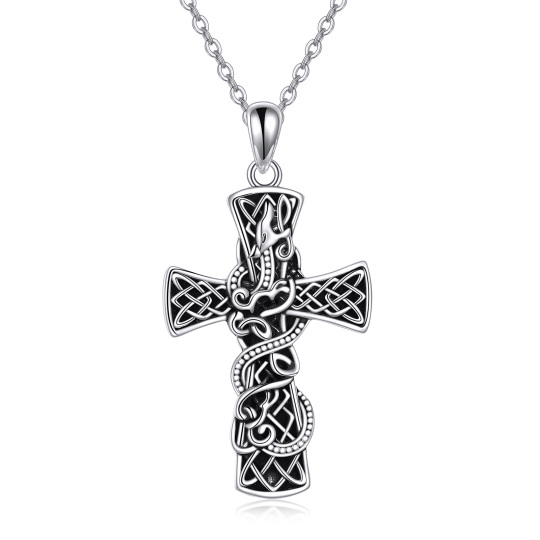 Sterling Silver Dragon & Celtic Cross Pendant Necklace