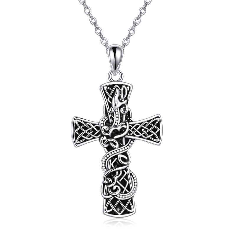 Sterling Silver Dragon & Celtic Cross Pendant Necklace-18