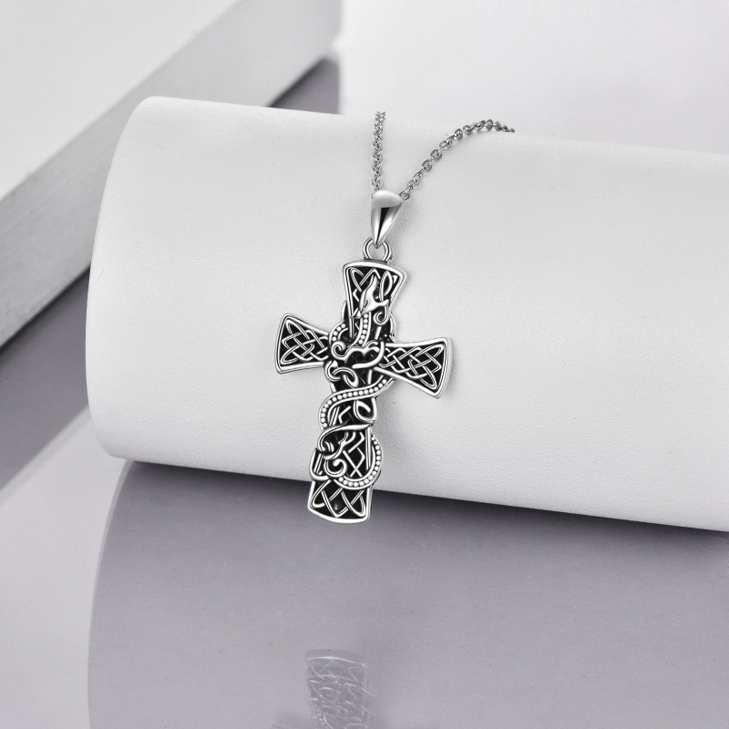 Sterling Silver Dragon & Celtic Cross Pendant Necklace-3
