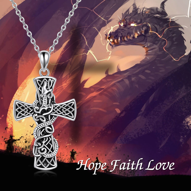 Sterling Silver Dragon & Celtic Cross Pendant Necklace-5