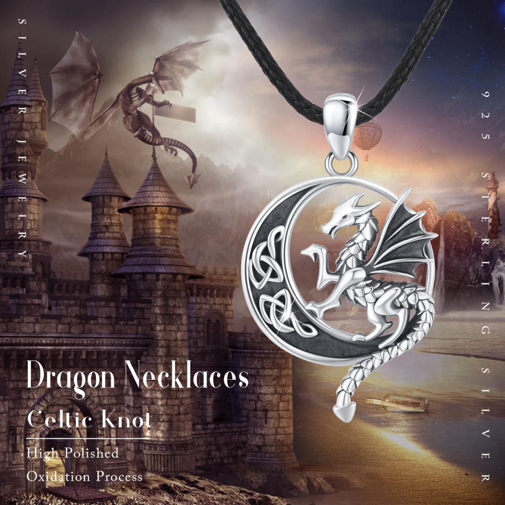Collar con colgante de dragón y nudo celta de plata de ley para hombre-4