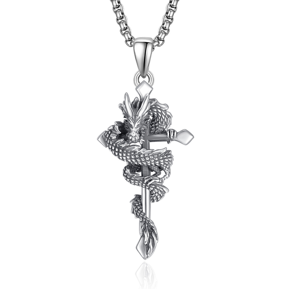 Sterling zilveren draak en kruis hanger ketting-1