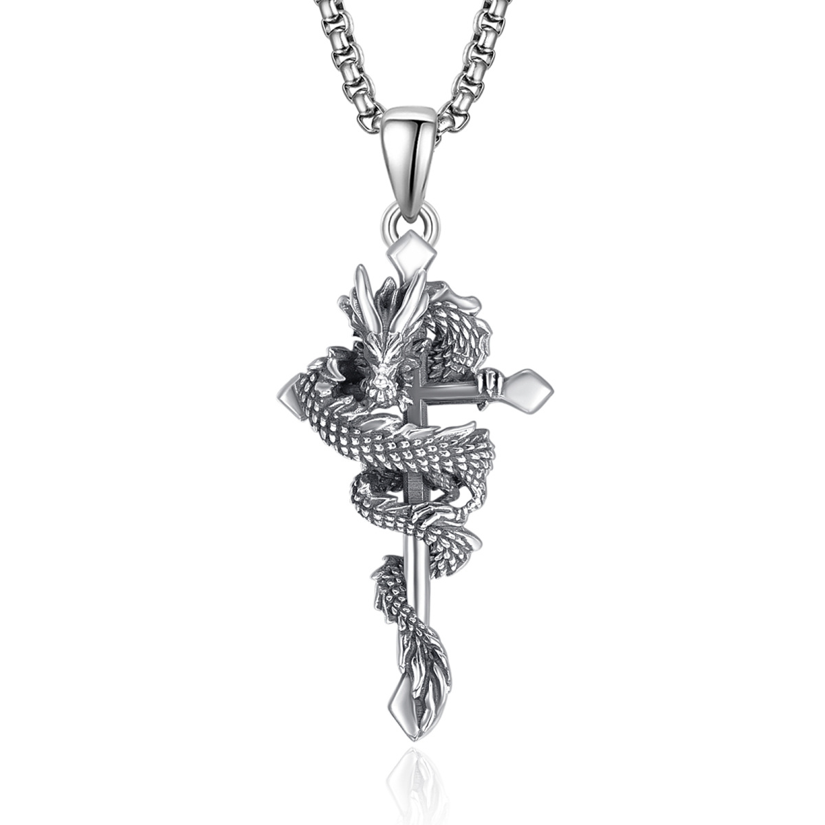 Collier en argent sterling avec pendentif dragon et croix-1