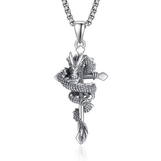 Sterling Silver Dragon & Cross Pendant Necklace-23