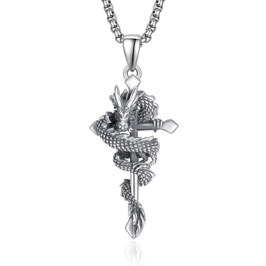 Sterling Silver Dragon & Cross Pendant Necklace