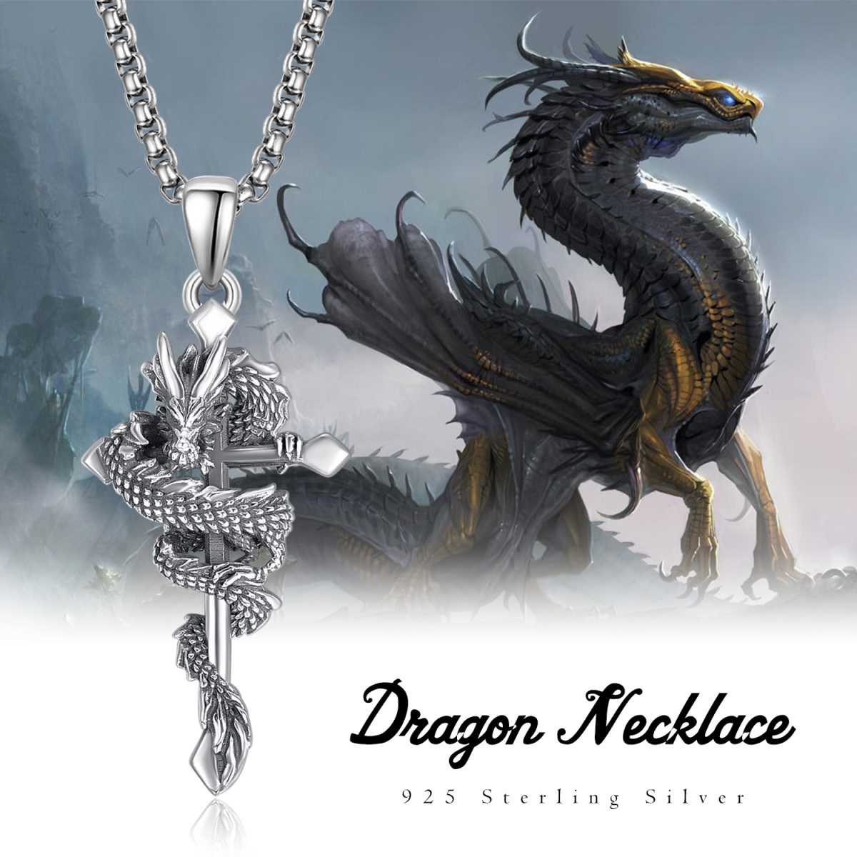 Sterling Silver Dragon & Cross Pendant Necklace-5