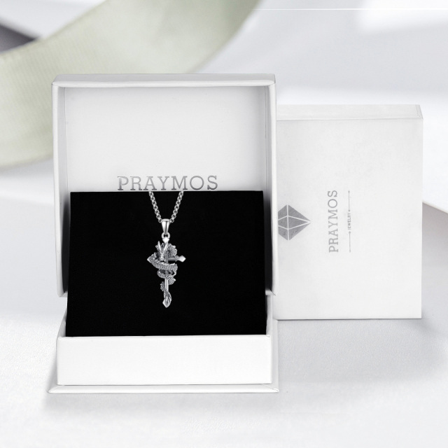 Sterling Silver Dragon & Cross Pendant Necklace-8