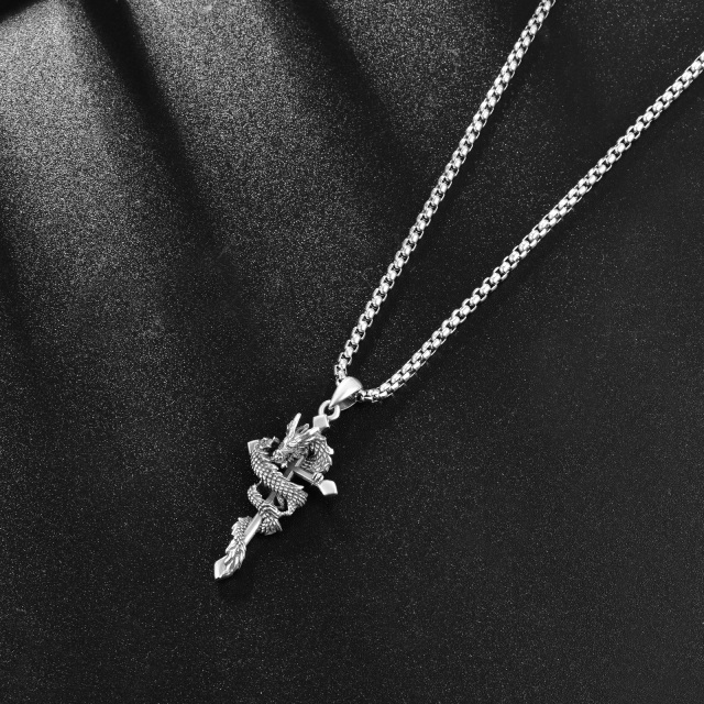 Sterling Silver Dragon & Cross Pendant Necklace-9