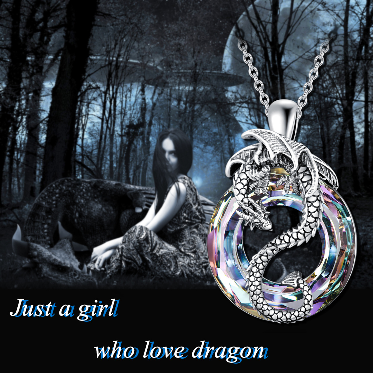 Sterling Silver Dragon Crystal Pendant Necklace-3