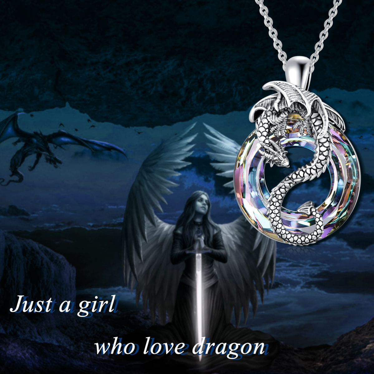 Sterling Silver Dragon Crystal Pendant Necklace-4