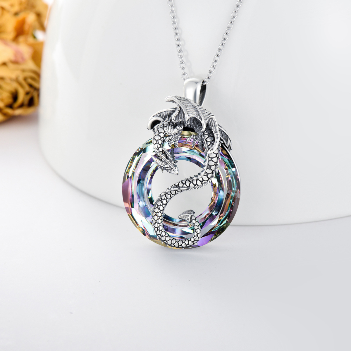 Sterling Silver Dragon Crystal Pendant Necklace-5