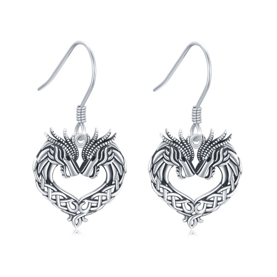 Sterling Silver Dragon & Heart Drop Earrings