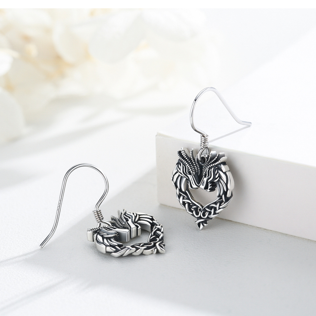 Sterling Silver Dragon & Heart Drop Earrings-3