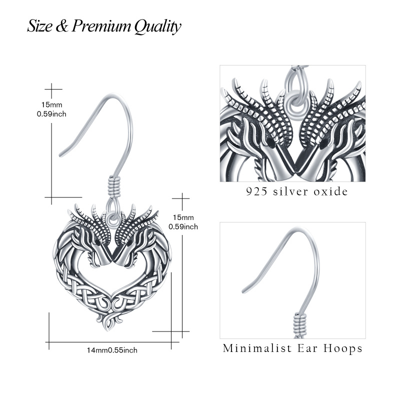 Brincos de prata esterlina com coração de dragão-4