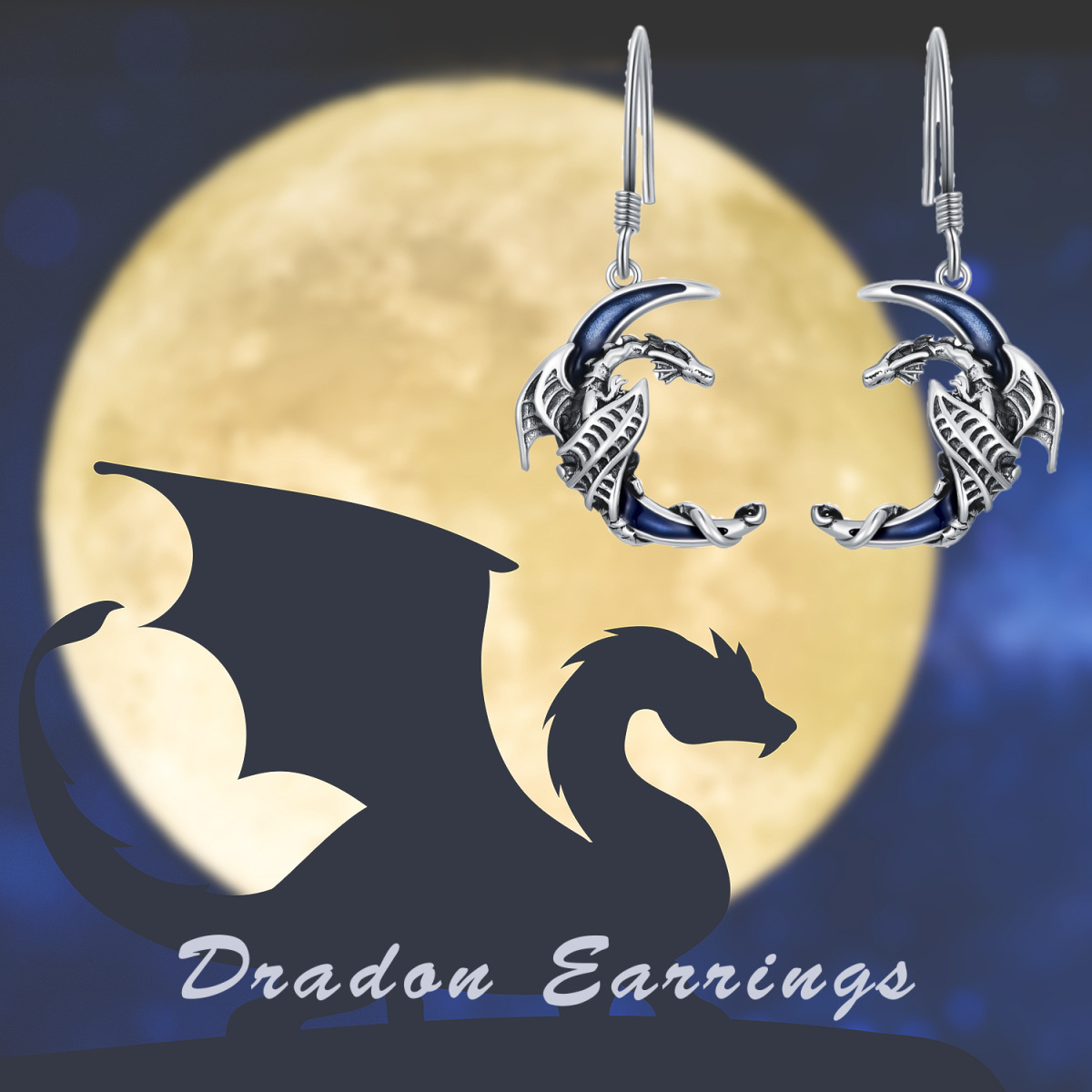 Sterling Silver Dragon & Moon Drop Earrings-5