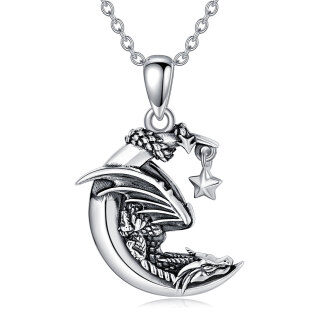 Sterling Silver Dragon & Moon Pendant Necklace-4