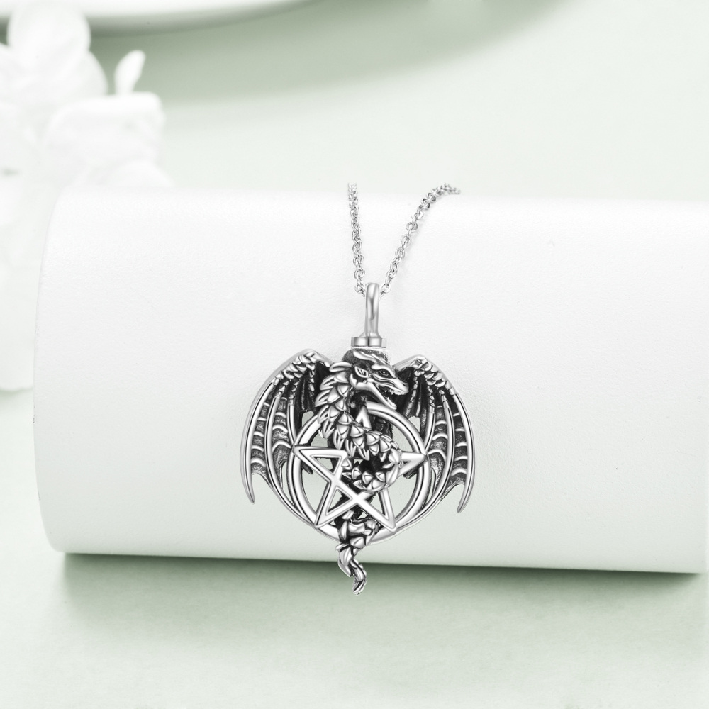 Sterling Silver Dragon & Pentagram Urn Necklace for Ashes-3
