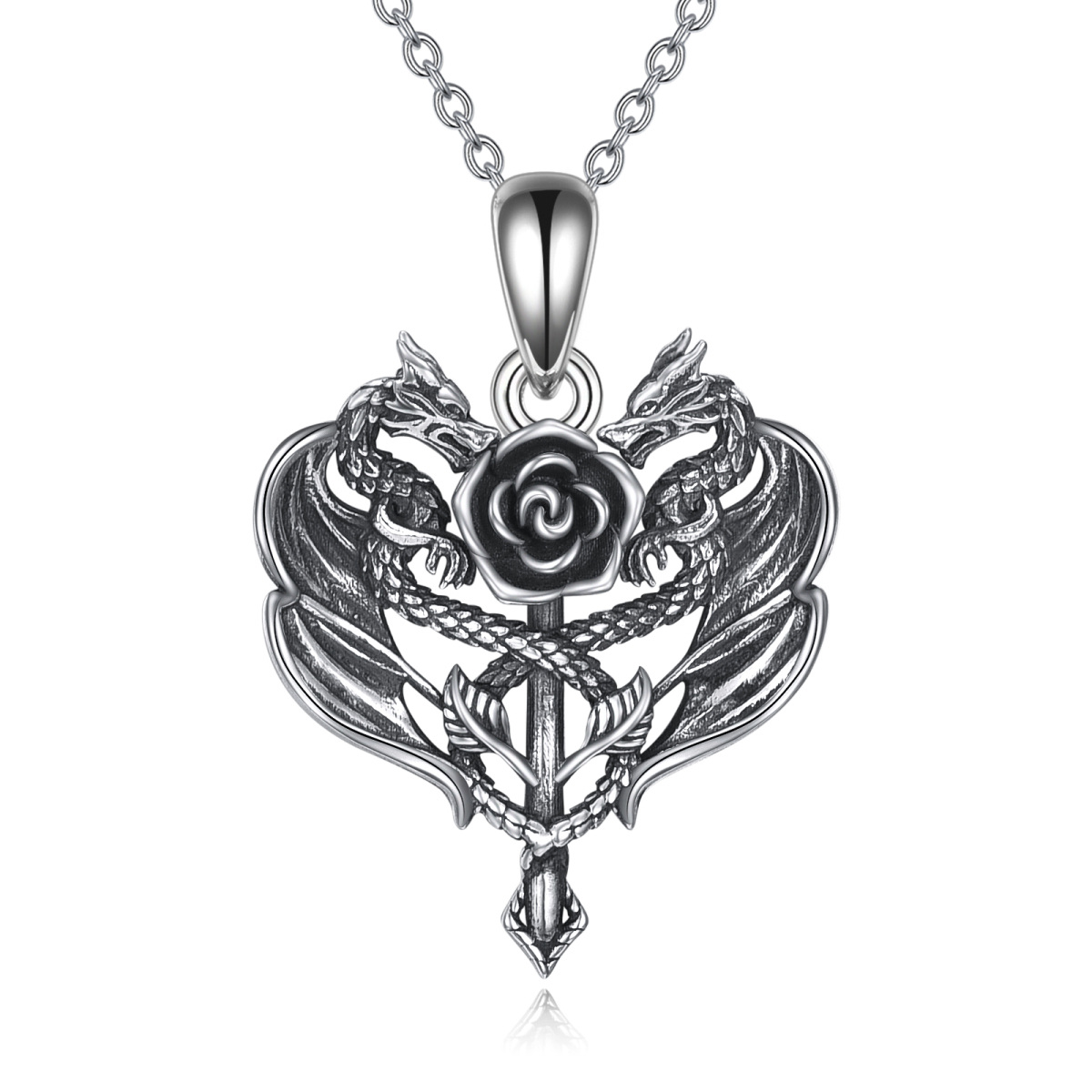 Sterling Silver Dragon Rose Heart Necklace for Women Men-1