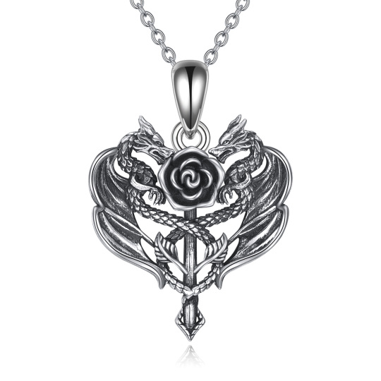 Sterling Silver Dragon Rose Heart Necklace for Women Men