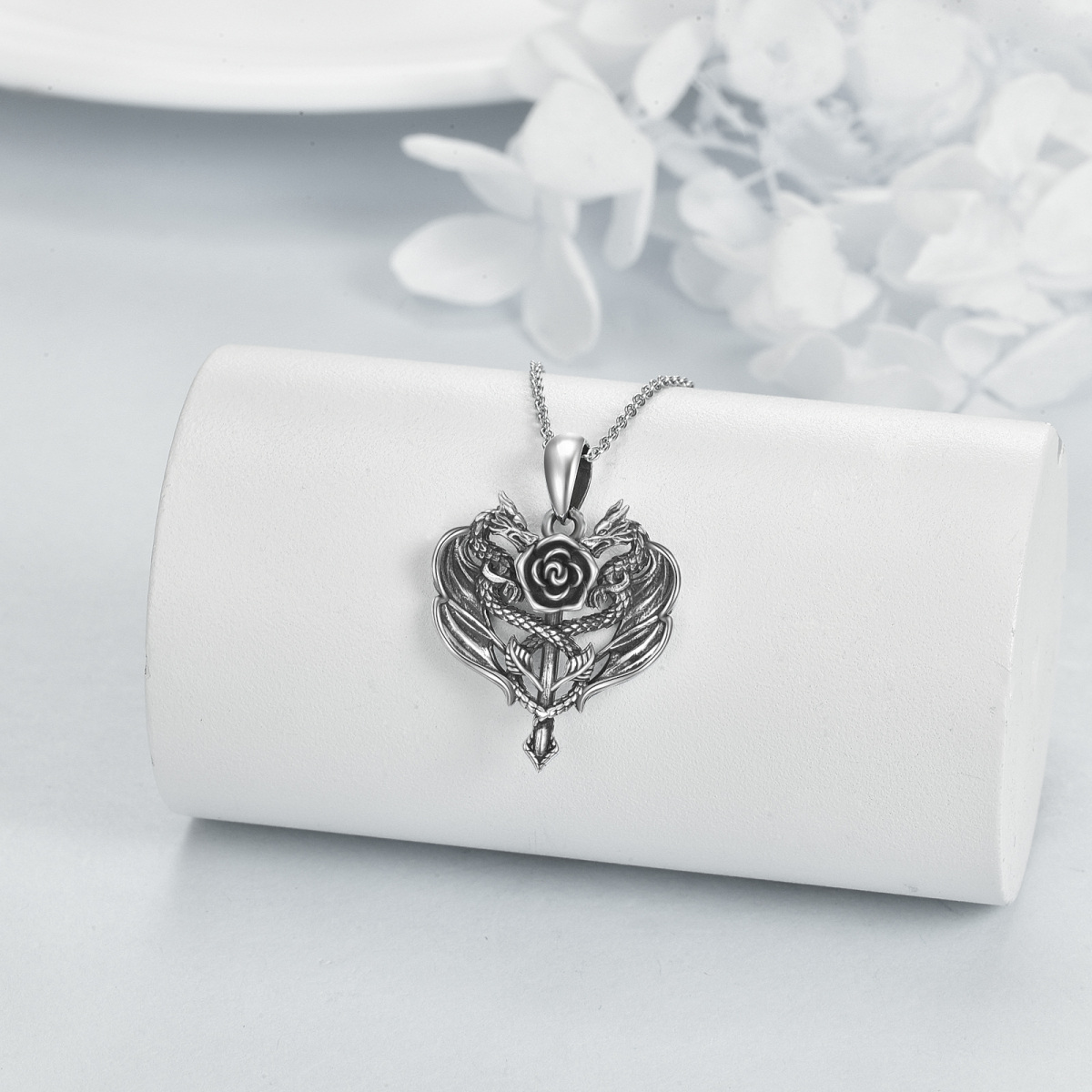 Sterling Silver Dragon Rose Heart Necklace for Women Men-3