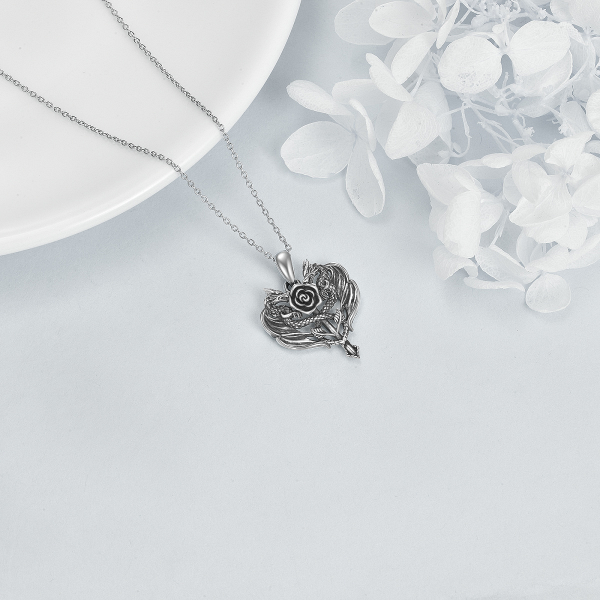 Sterling Silver Dragon Rose Heart Necklace for Women Men-4