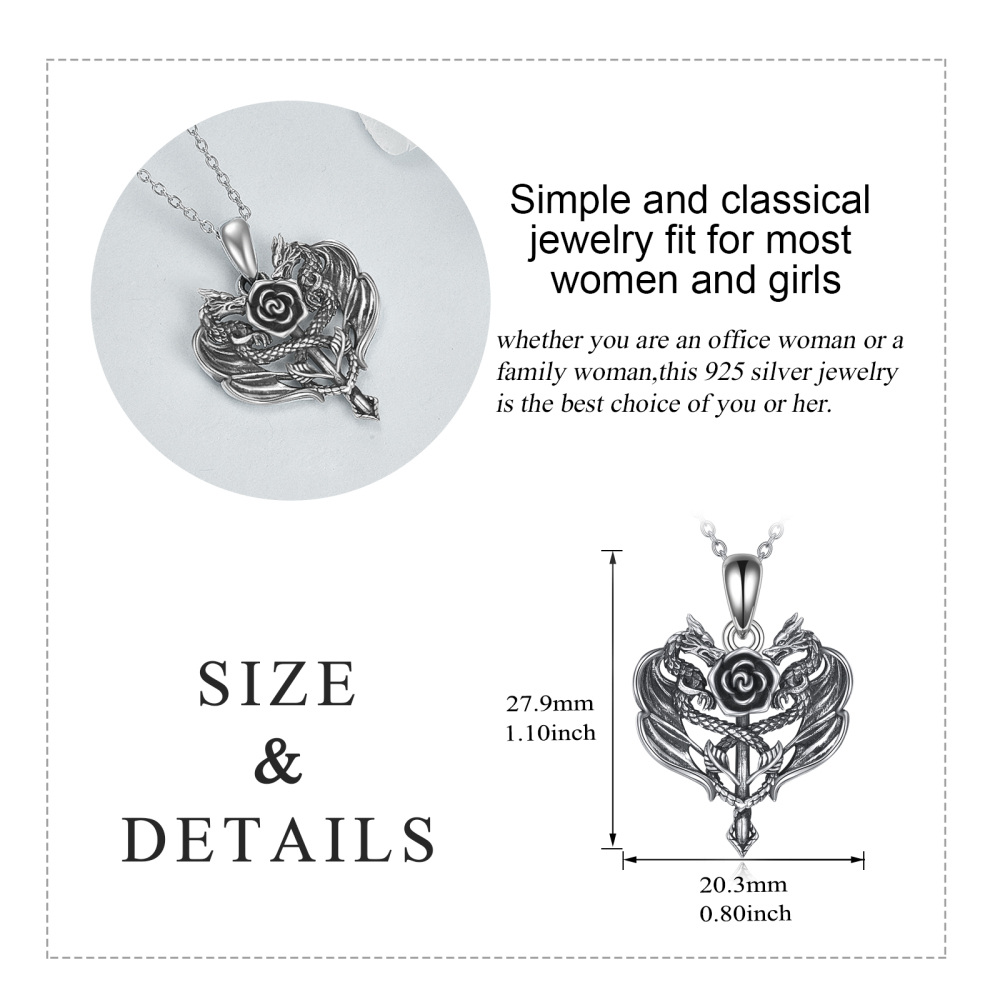 Sterling Silver Dragon Rose Heart Necklace for Women Men-5