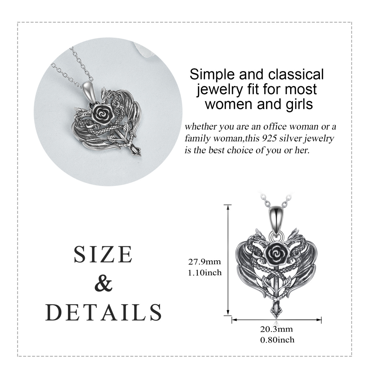 Sterling Silver Dragon Rose Heart Necklace for Women Men-5