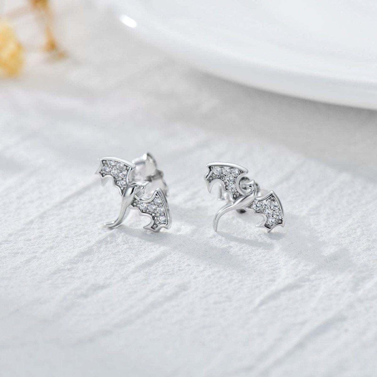 Sterling Silver Cubic Zirconia Dragon Stud Earrings-3