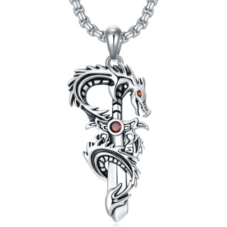 Sterling Silver Cubic Zirconia Dragon & Sword Pendant Necklace for Men-46