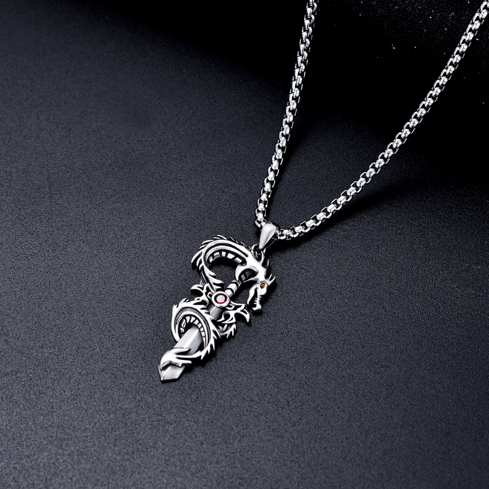Sterling Silver Cubic Zirconia Dragon & Sword Pendant Necklace for Men-4