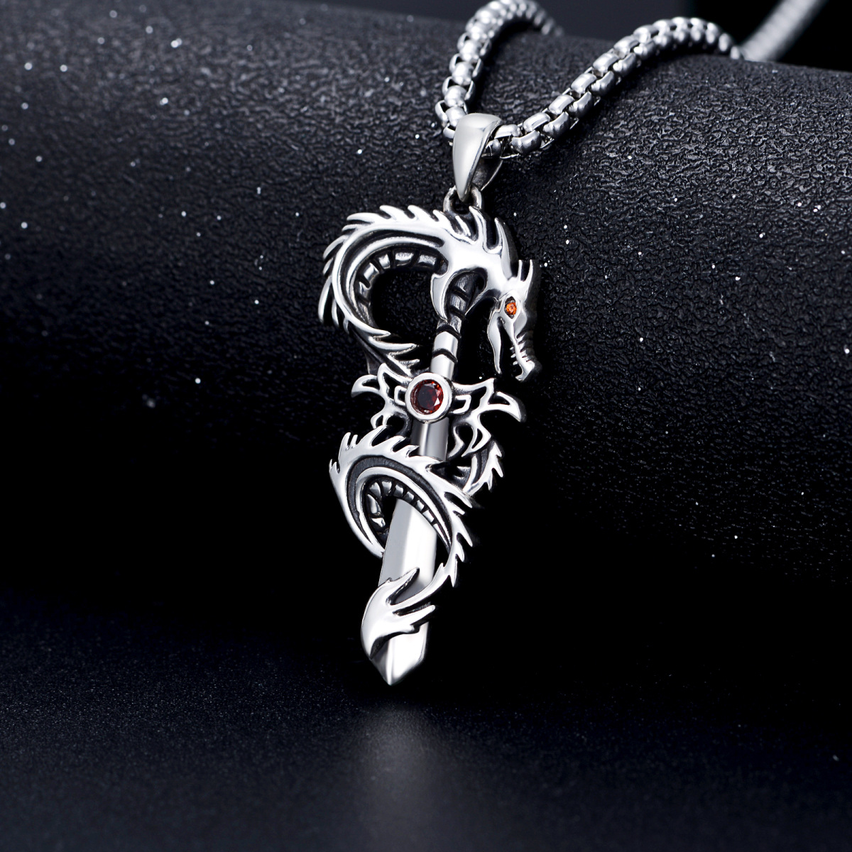 Sterling Silber Cubic Zirkonia Drachen & Schwert Anhänger Halskette für Männer-5