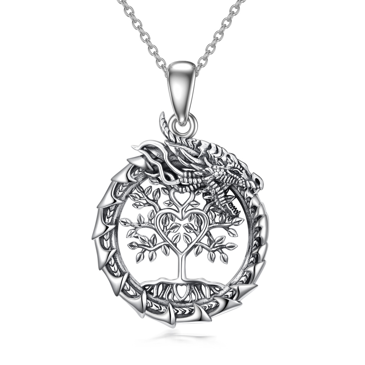 Sterling Silver Dragon & Tree Of Life Pendant Necklace-1