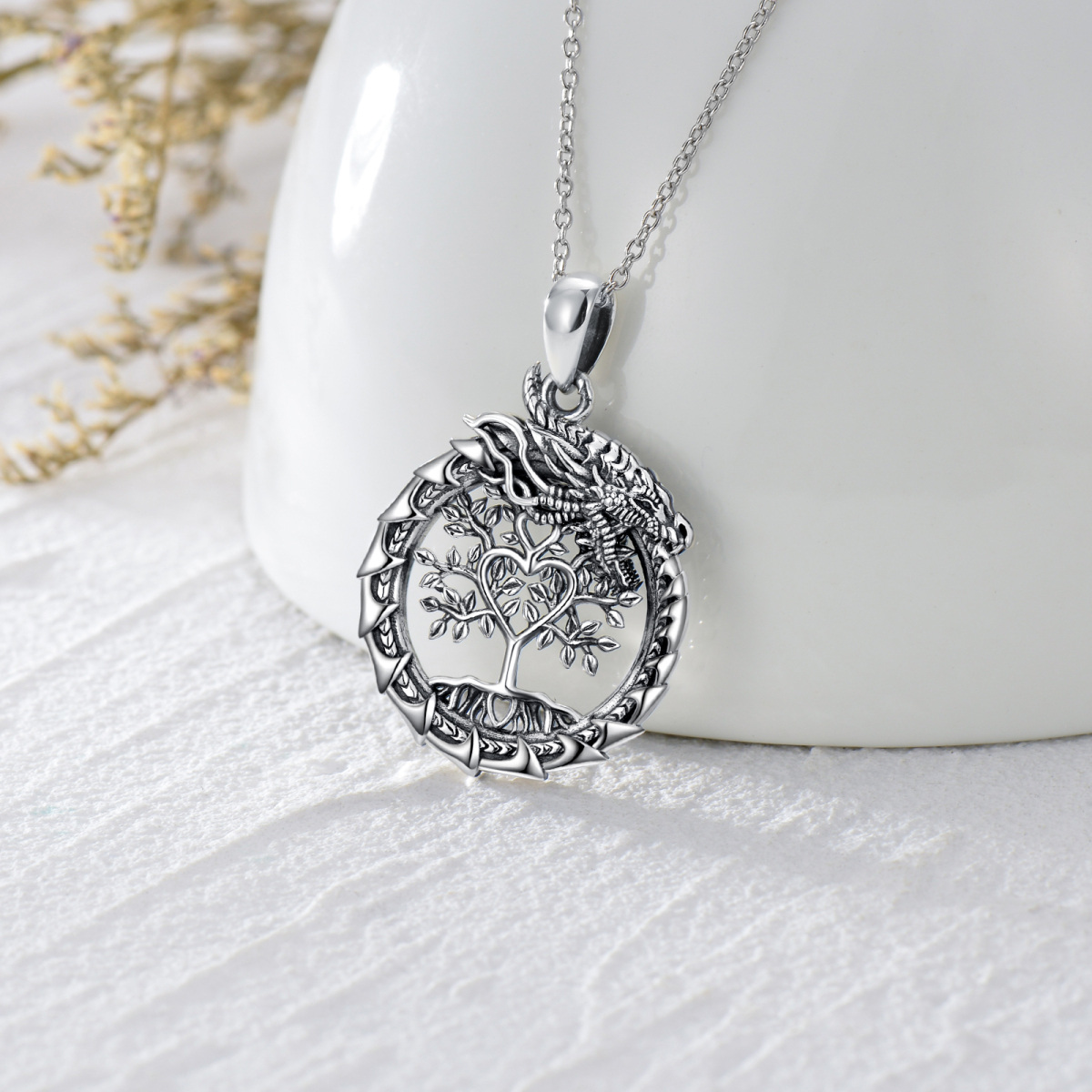 Sterling Silver Dragon & Tree Of Life Pendant Necklace-4